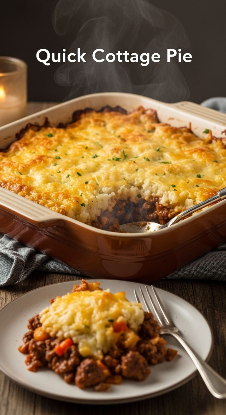 A rustic ceramic baking dish of quick cottage pie with a scooped serving on a plate, showcasing the golden-brown potato crust and savory beef filling.