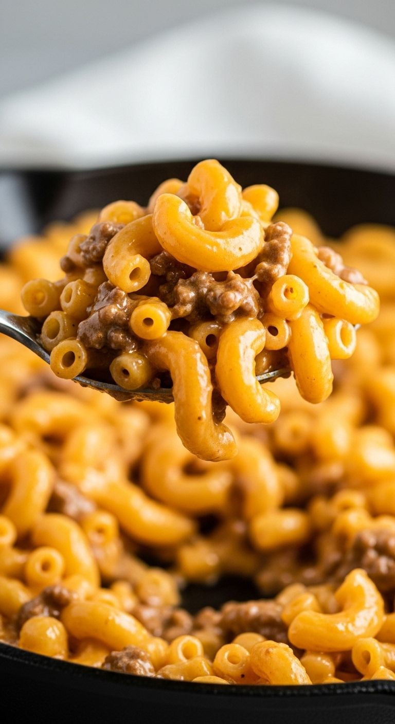 Spoonful of cheesy homemade hamburger helper with macaroni and ground beef being lifted from a cast-iron skillet.