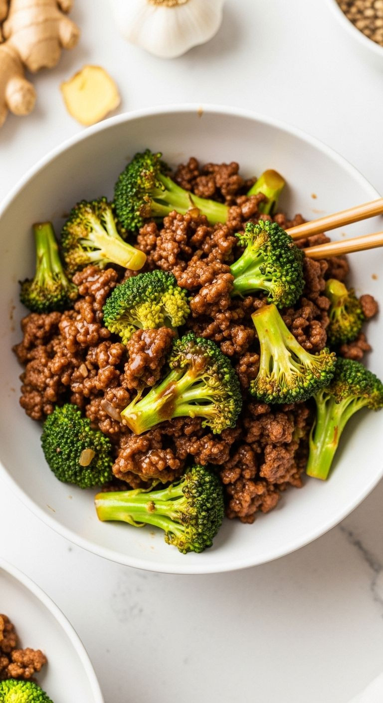 Overhead shot of glistening ground beef and broccoli stir fry in a white bowl with chopsticks on a minimalist kitchen countertop.