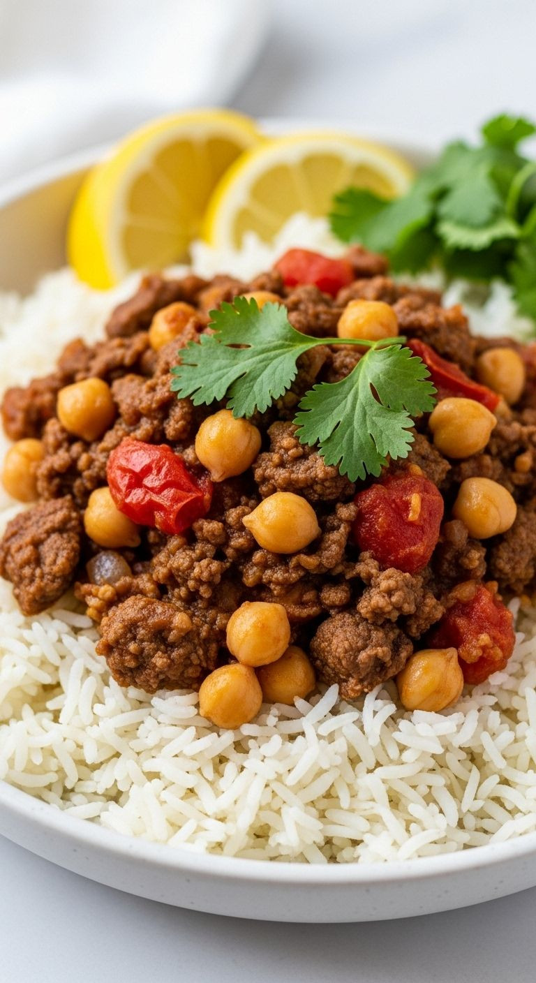 A shallow ceramic bowl of fluffy basmati rice topped with one-pan beef and chickpea mixture, garnished with a lemon wedge and fresh cilantro.