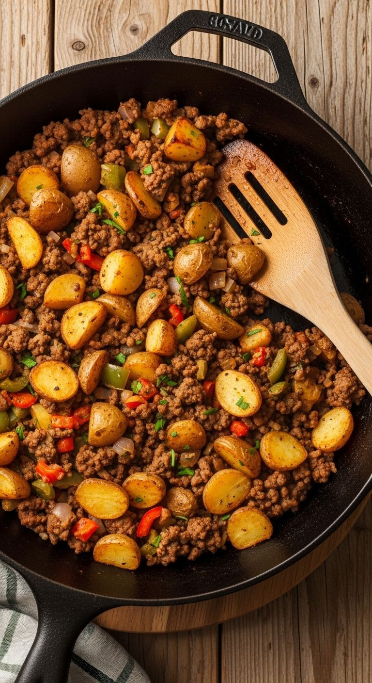 Overhead shot of a cast-iron skillet filled with browned ground beef and crispy potatoes, garnished with peppers and parsley, on a rustic wooden surface.