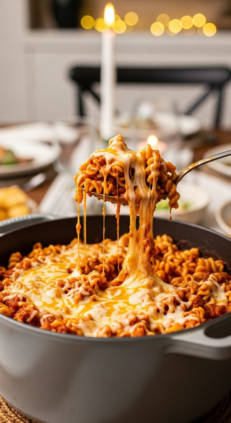 Close-up of cheesy one-pot taco pasta with a cheese pull from a serving spoon in a rustic Dutch oven on a cozy dining table.