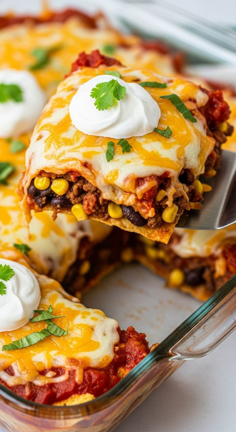 A spatula lifting a square portion of easy taco casserole from a glass baking dish, revealing layers of chips, beef, and beans, topped with melted cheese, sour cream, and cilantro.