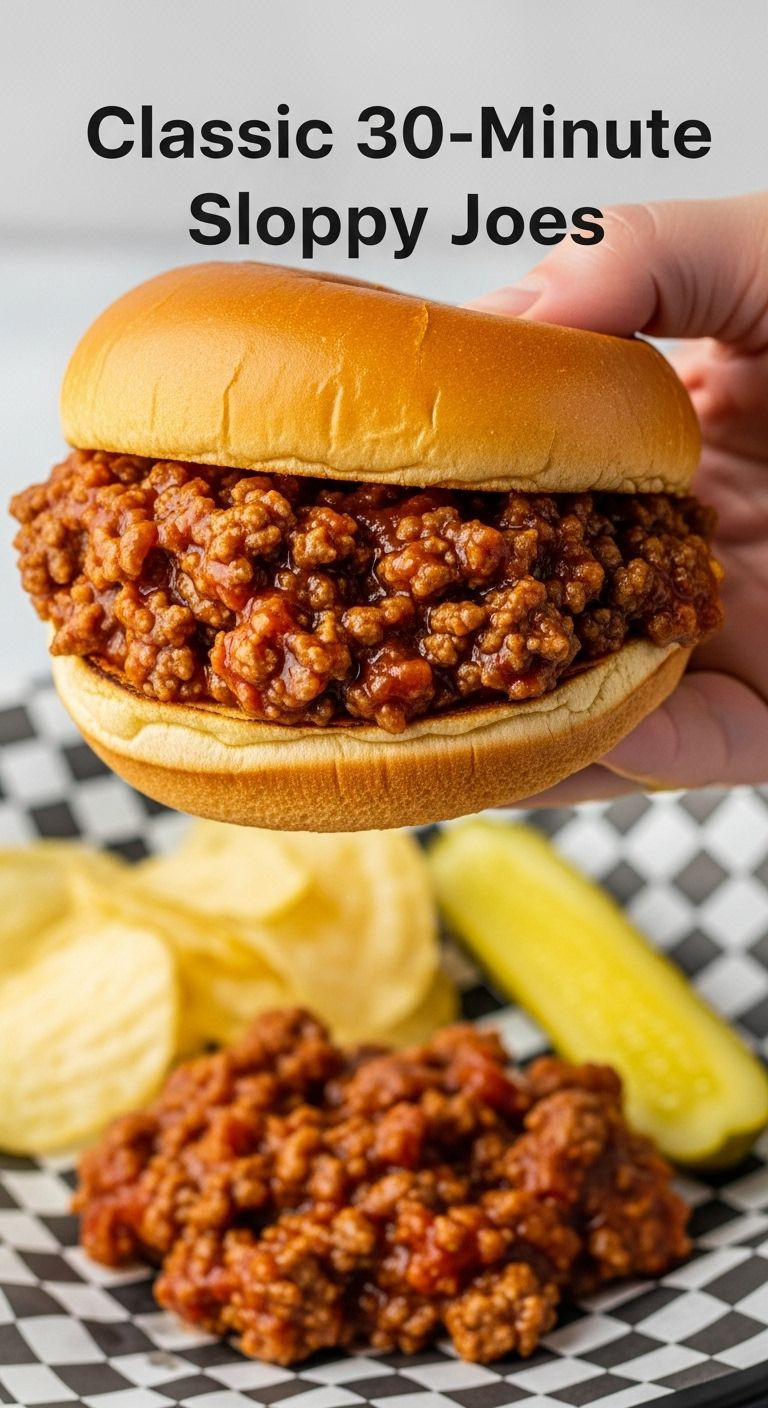 A hand holds a classic sloppy joe with sauce spilling from a toasted brioche bun, with potato chips and a pickle in the background.