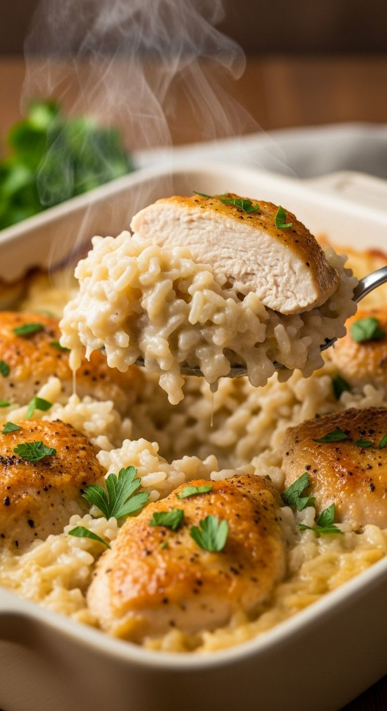 A serving spoon lifts a scoop of creamy no-peek chicken and rice casserole from a ceramic baking dish, garnished with fresh parsley.