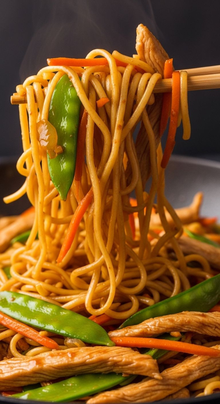 Chopsticks lift glossy lo mein noodles with chicken strips, shredded carrots, and snow peas from a wok.