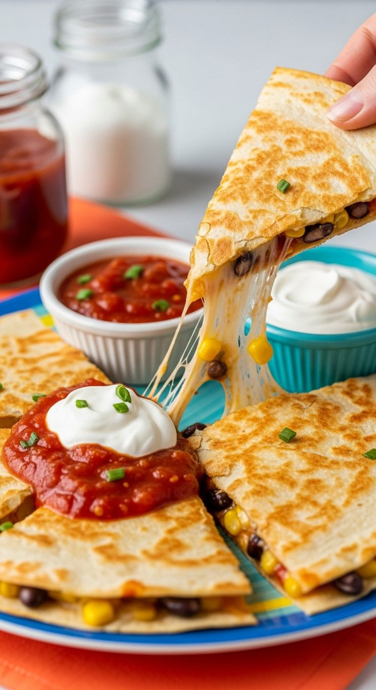 Quesadilla wedges on a colorful plate with one piece lifted showing a cheese pull, alongside salsa and sour cream.