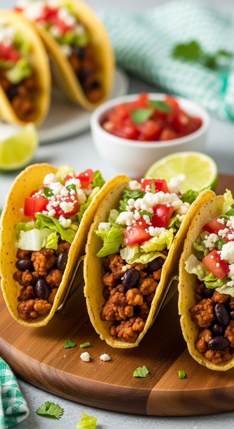 Three ground chicken and black bean tacos in a holder on a wooden board, with salsa and lime in the background.