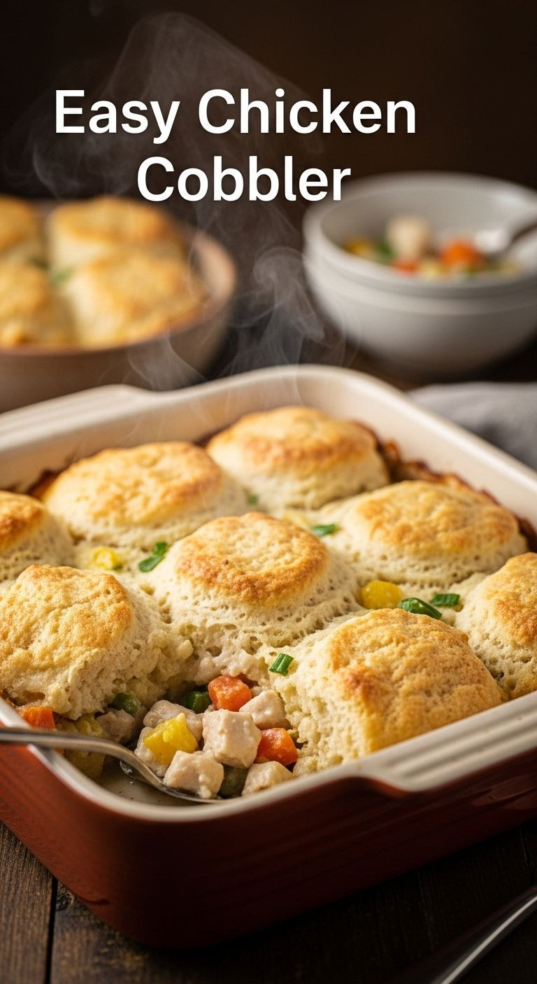 A rustic ceramic baking dish holds easy chicken cobbler with a golden biscuit topping, revealing creamy filling after a scoop is removed, with steam gently rising.