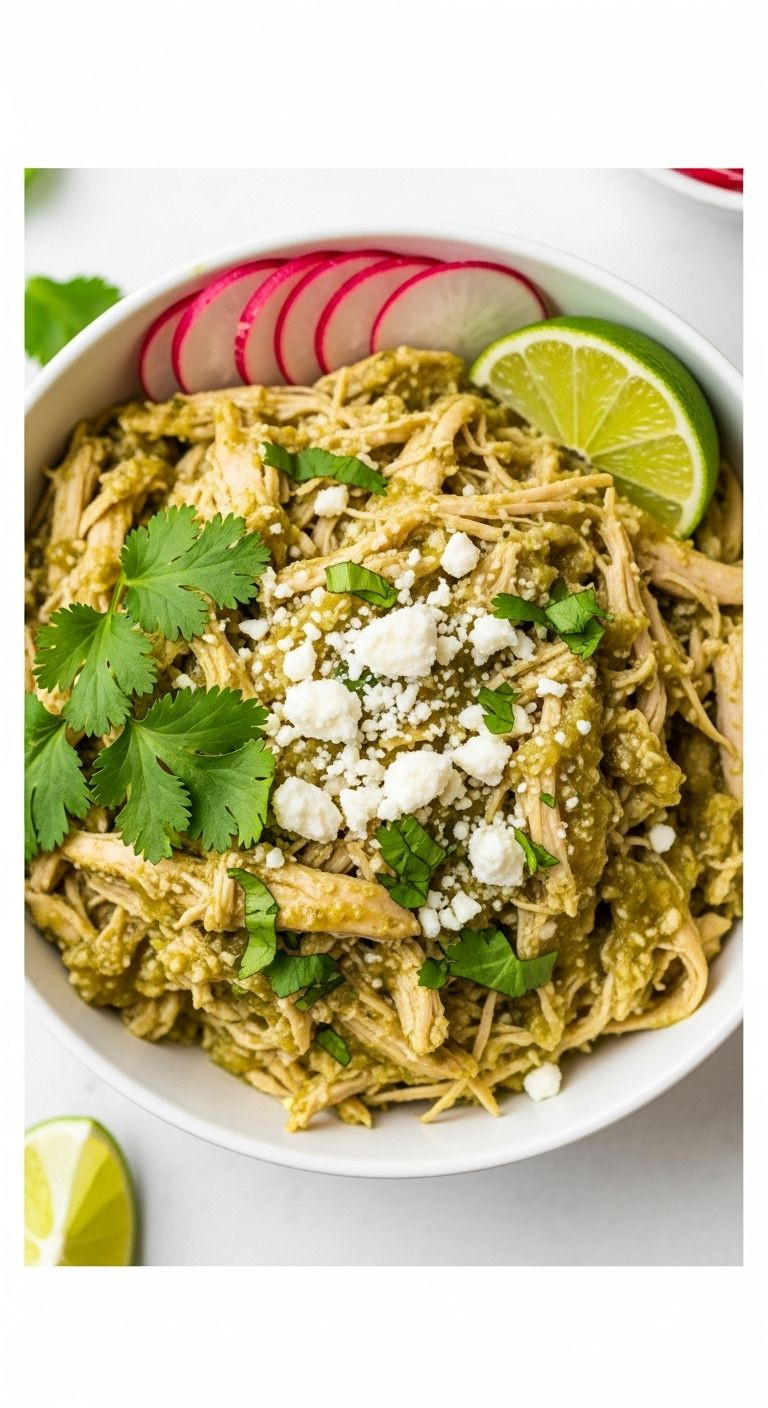 A white bowl filled with juicy shredded salsa verde chicken, garnished with fresh cilantro, cotija cheese, radishes, and a lime wedge.