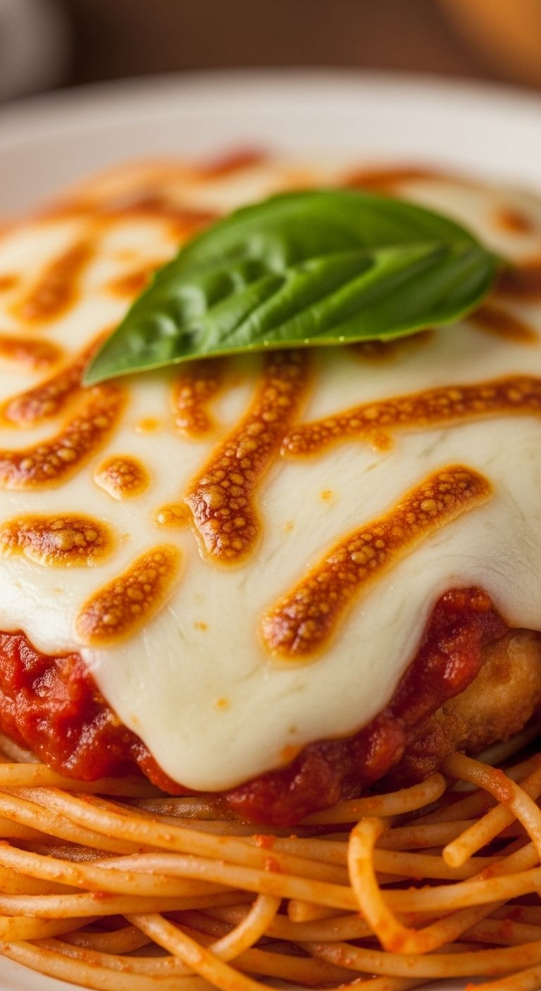 A close-up of baked 4-ingredient chicken parmesan with melted, golden-brown mozzarella over red sauce and spaghetti, garnished with basil.