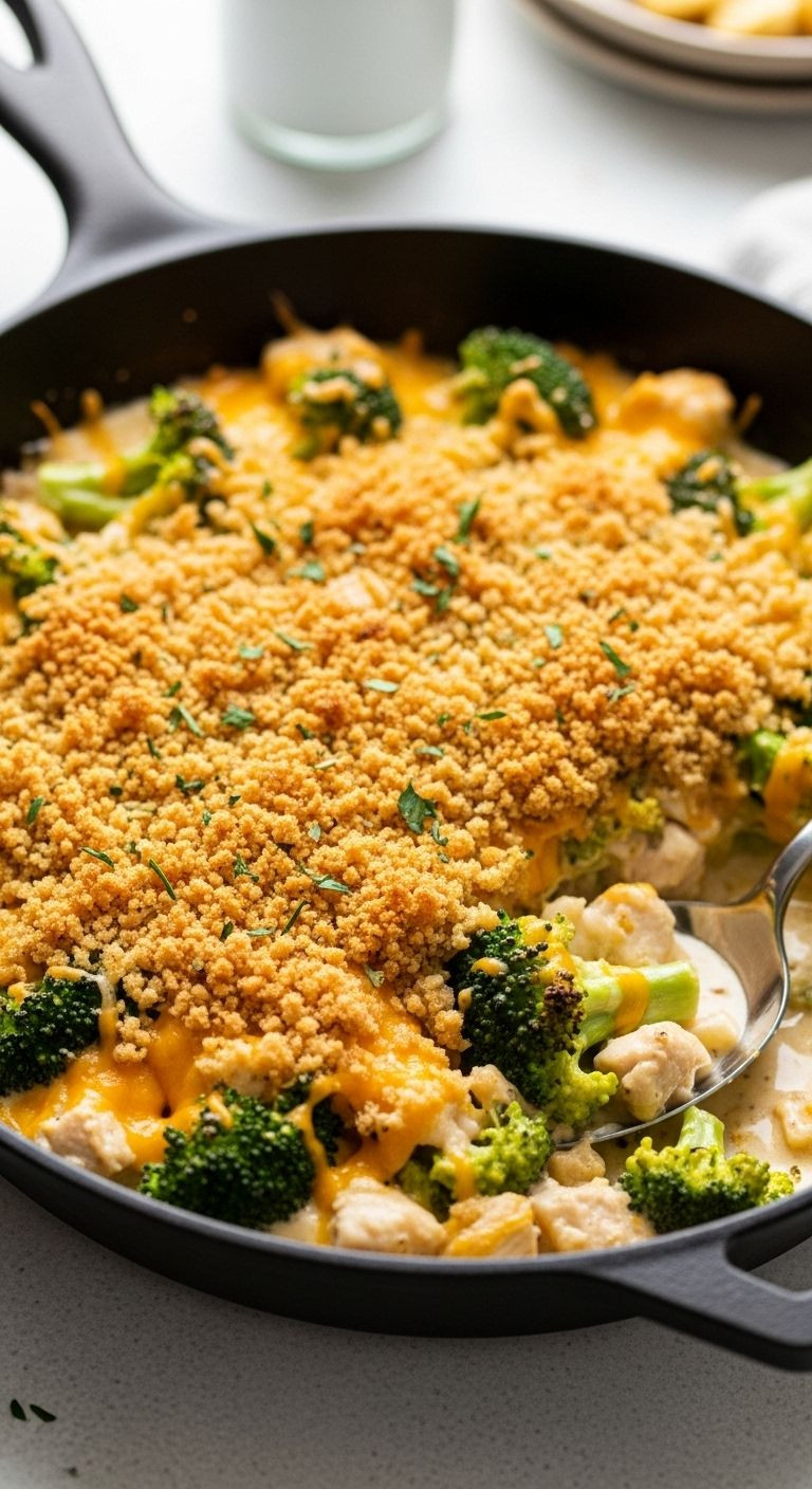 A cast-iron skillet of creamy chicken divan with broccoli and a golden-brown breadcrumb cheese crust, with a serving spoon.