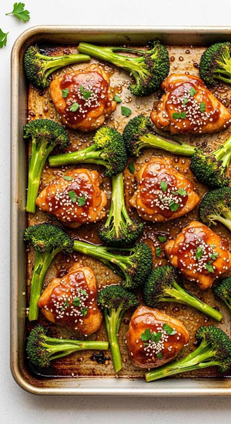 Overhead shot of a metal sheet pan filled with glistening honey garlic chicken and roasted broccoli florets, garnished with sesame seeds and fresh parsley.