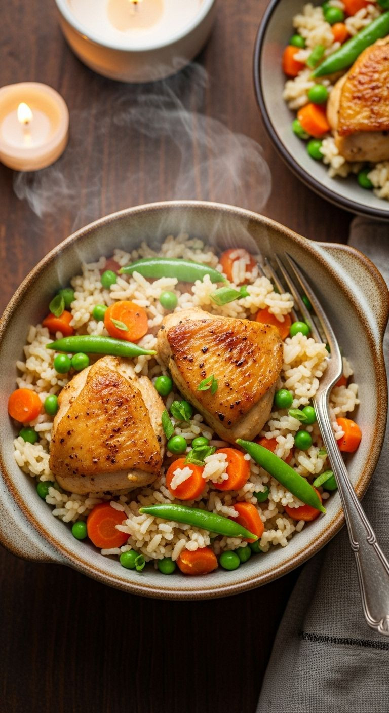Top-down shot of a single serving of steaming chicken and rice with peas and carrots in a rustic ceramic bowl on a dark wood table.