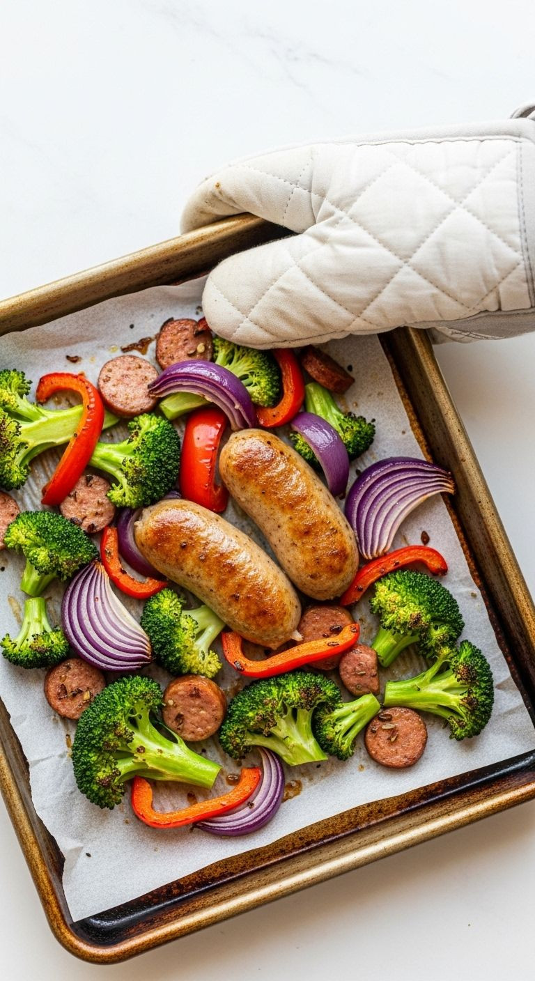An angled overhead shot of roasted sausage and colorful vegetables on a parchment-lined sheet pan, with a hand in an oven mitt lifting a corner.