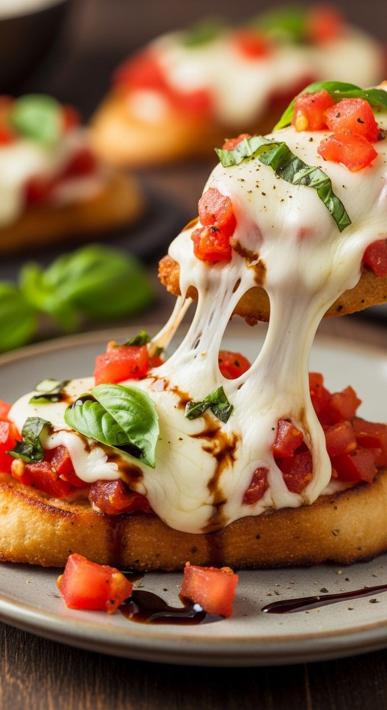 Close-up of cheesy bruschetta chicken cutlets on a rustic plate, featuring melted mozzarella, tomato and basil topping, and a balsamic glaze drizzle.
