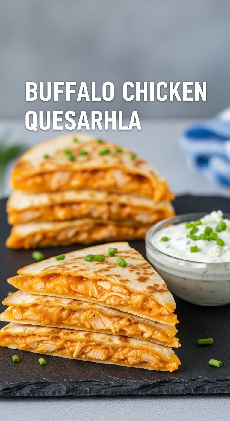 A stack of three buffalo chicken quesadilla wedges on a slate board, showing the cheesy orange filling, with a side of blue cheese dressing.
