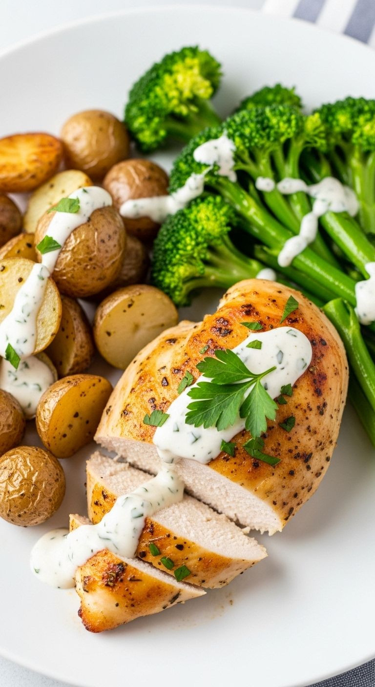 A plated baked ranch chicken breast, sliced, served with roasted baby potatoes and steamed broccoli, drizzled with ranch dressing.