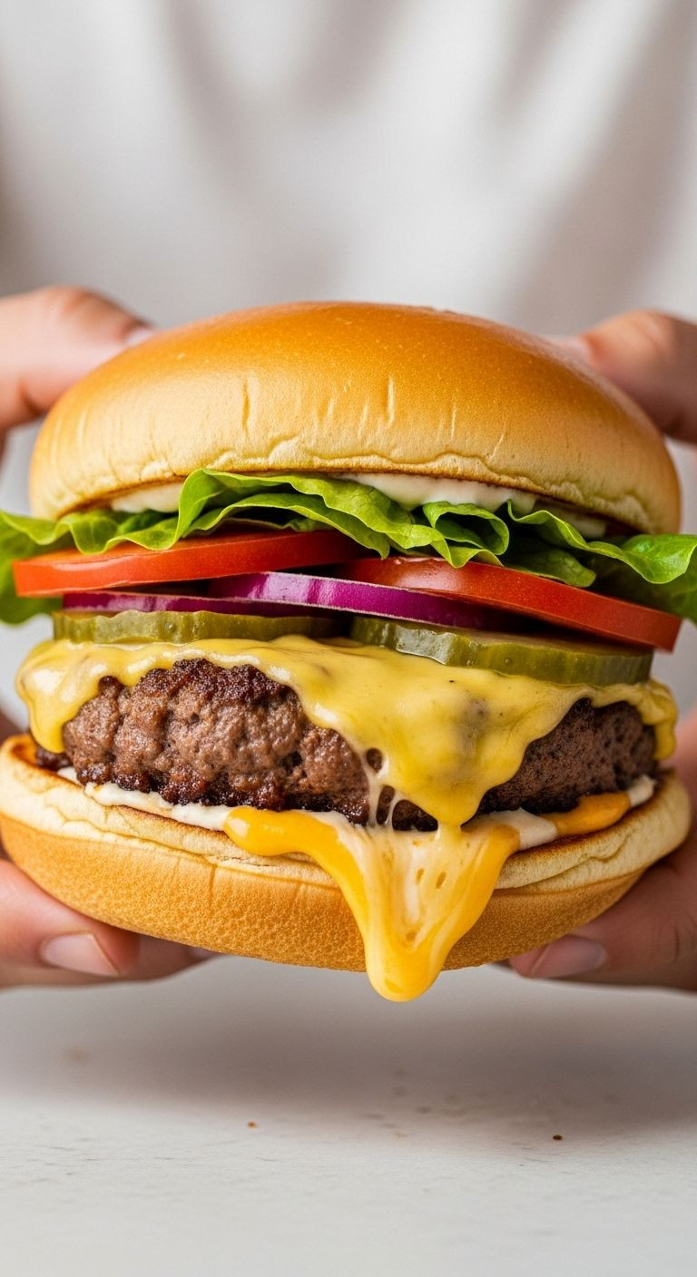 Two hands hold a close-up smashburger with melted cheese, revealing layers of toppings, on a simple kitchen counter.
