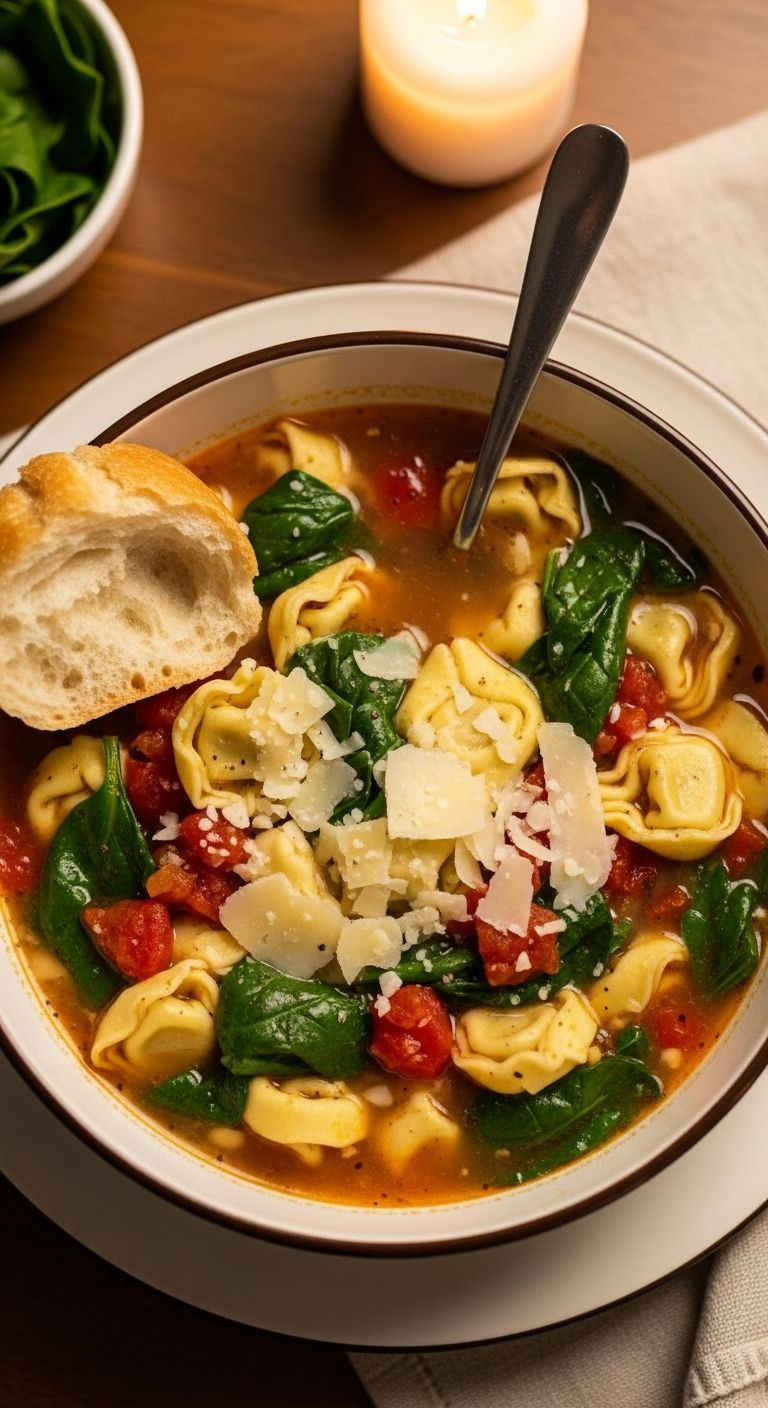 Overhead shot of a deep soup bowl filled with tortellini soup, topped with melted Parmesan, with a spoon and crusty bread on a cozy kitchen table.