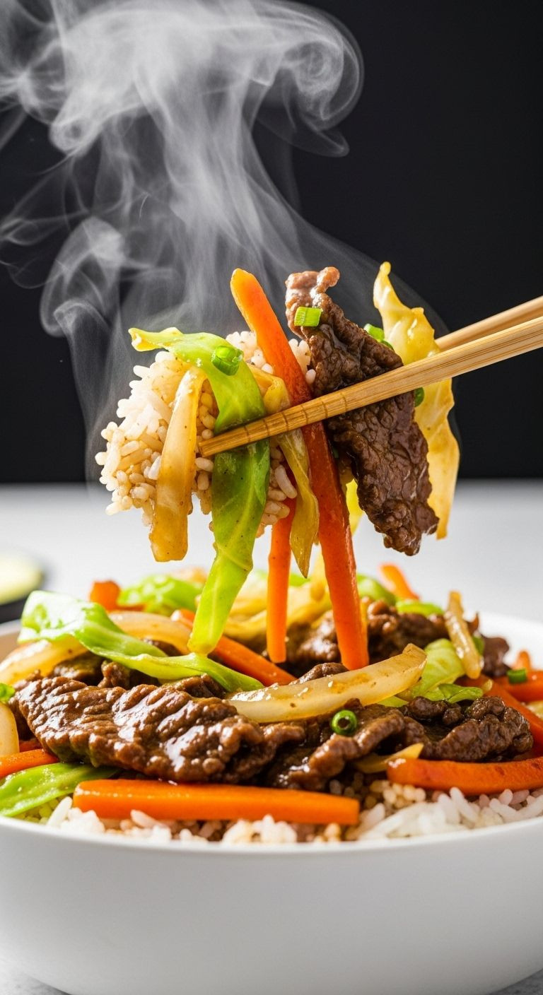 Chopsticks lift a bite of beef and vegetable stir-fry over white rice from a single bowl, emphasizing glossy sauce and fresh textures.
