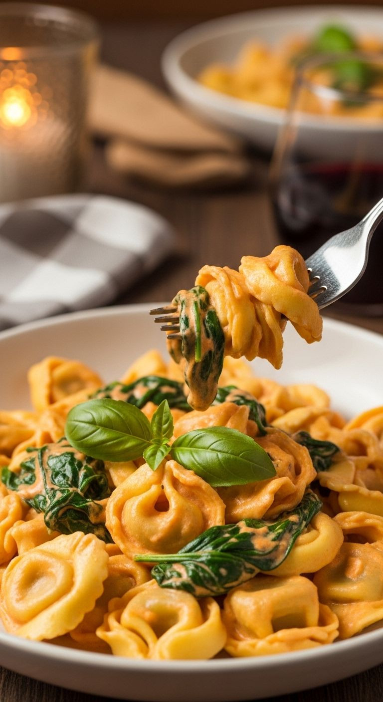 A fork twirls creamy tortellini in a shallow pasta bowl, garnished with basil, on a checkered tablecloth with a glass of wine.