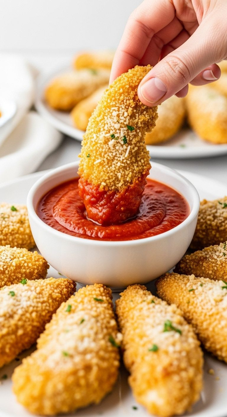 A hand dips a crispy baked chicken tender into a white bowl of marinara sauce, with more tenders on a plate in the background.