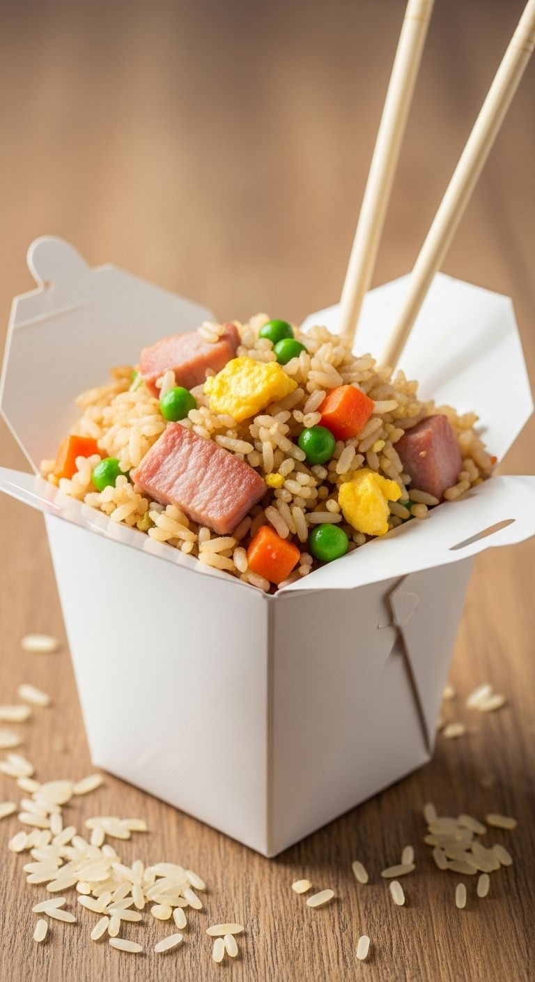 A single serving of pork fried rice piled high in a white takeout box with chopsticks, on a wooden table.