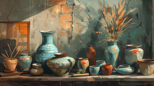 illustration of a softly lit clay studio scene color palette, featuring the colors: Sage, teal, terr.jpg