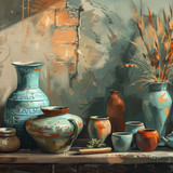 illustration of a softly lit clay studio scene color palette, featuring the colors: Sage, teal, terr