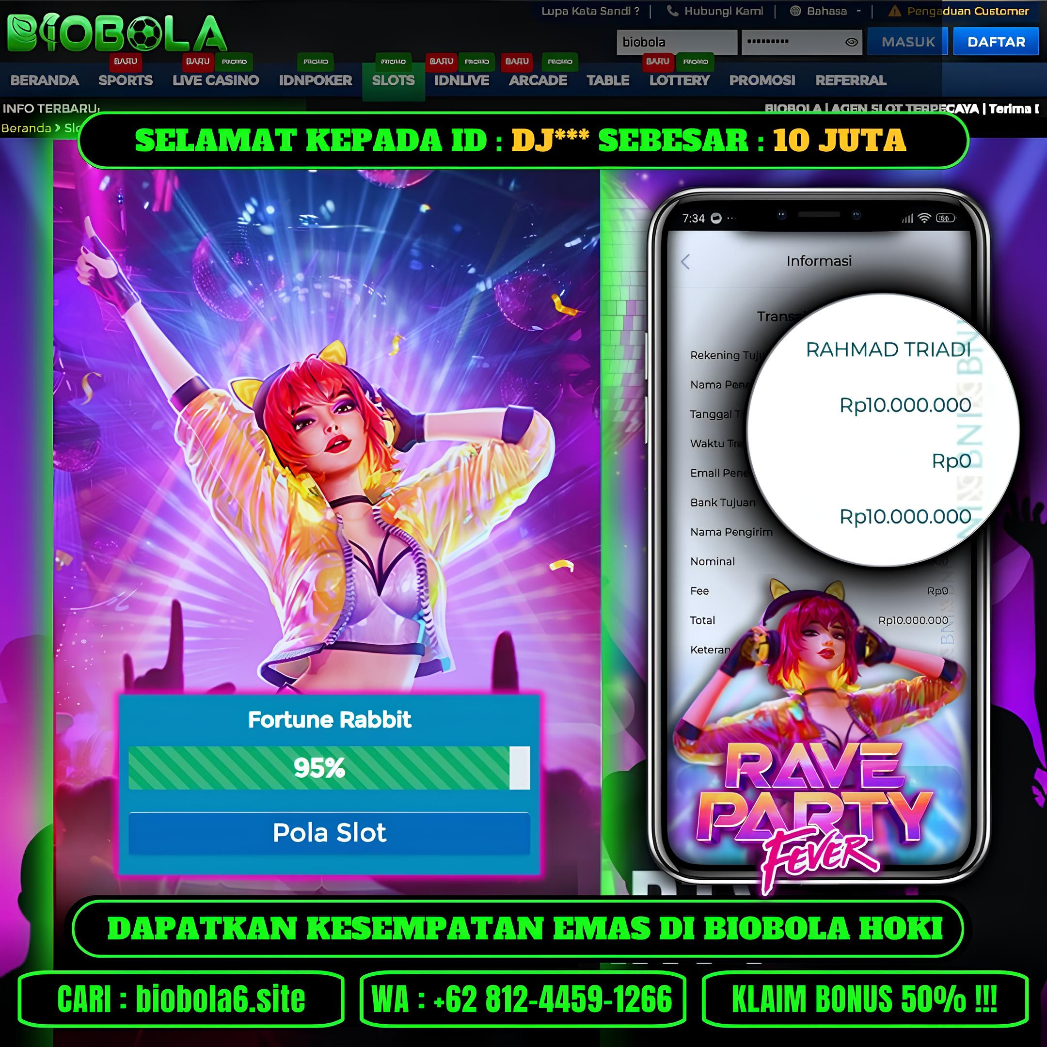 BIOBOLA  - JACKPOT DI GAME SLOT RAVE PARTY FEVER RP 10JT DIBAYAR LUNAS