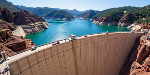 A majestic concrete dam spanning across a vast turquoise reservoir nestled in a lush green valley Th.jpg