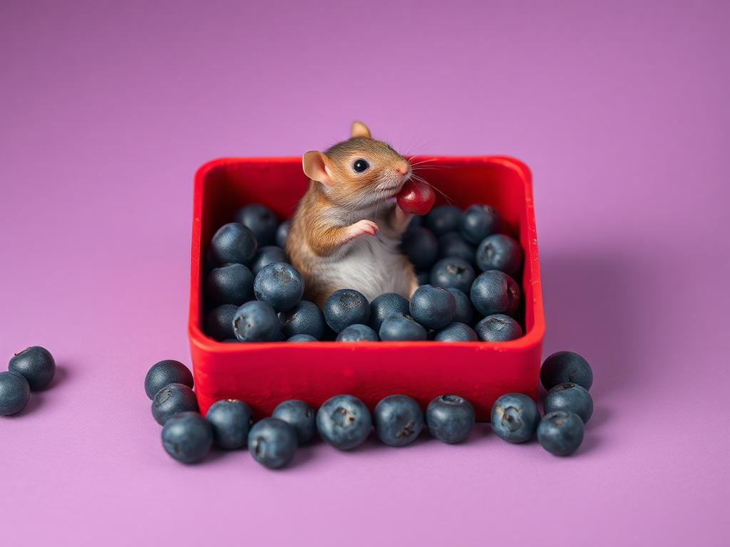 A red box of blue berries with a rat dancing inside