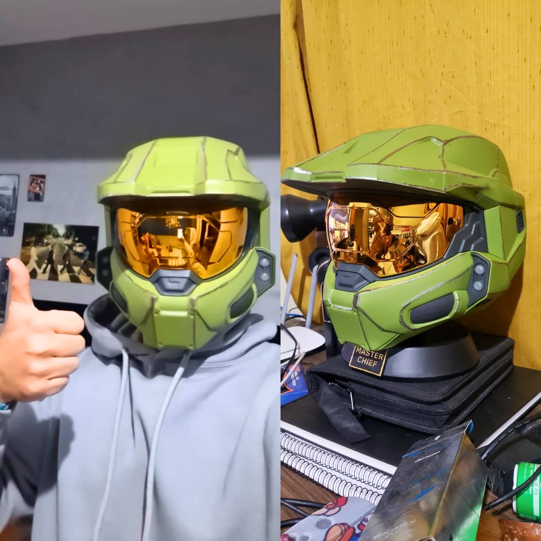 Halo Master Chief Deluxe Helmet with Stand – LED Lights on Each Side – Battle Damaged Paint – One Size Fits Most – Build Your Halo Universe