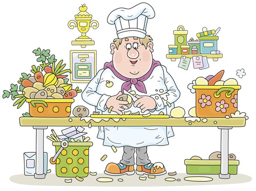 Funny fat cook in a white hat and uniform, standing at his kitchen table and paring fresh potatoes, .jpg