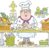 Funny fat cook in a white hat and uniform, standing at his kitchen table and paring fresh potatoes, 
