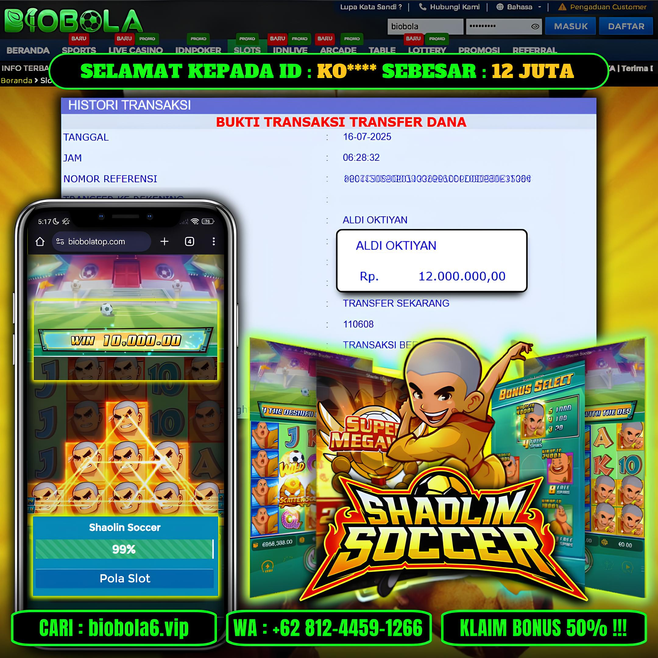 BIOBOLA  - JACKPOT DI GAME SLOT SHAOLIN SOCCER RP 12JT DIBAYAR LUNAS