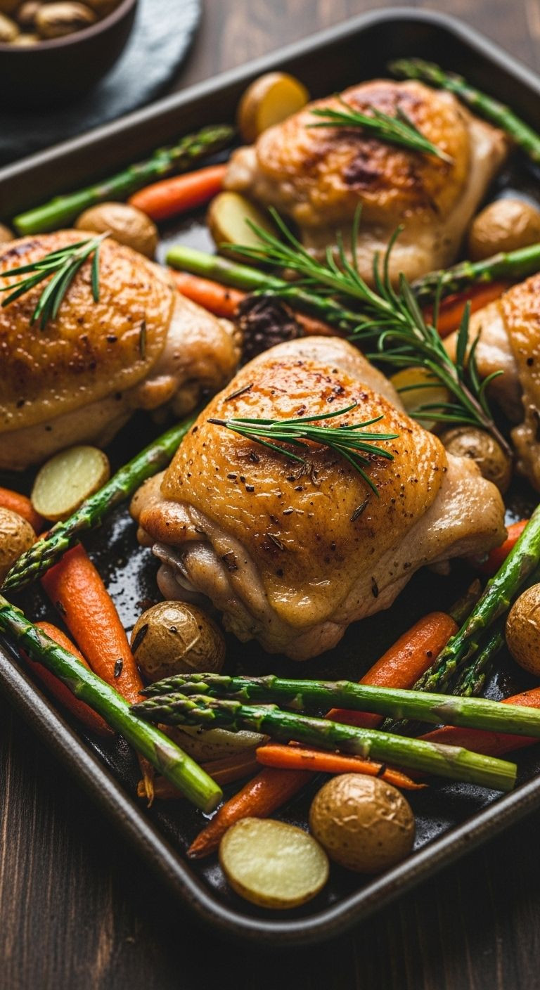 Angled shot of a dark metal baking sheet with a perfectly roasted chicken thigh, potatoes, carrots, and asparagus, garnished with rosemary.