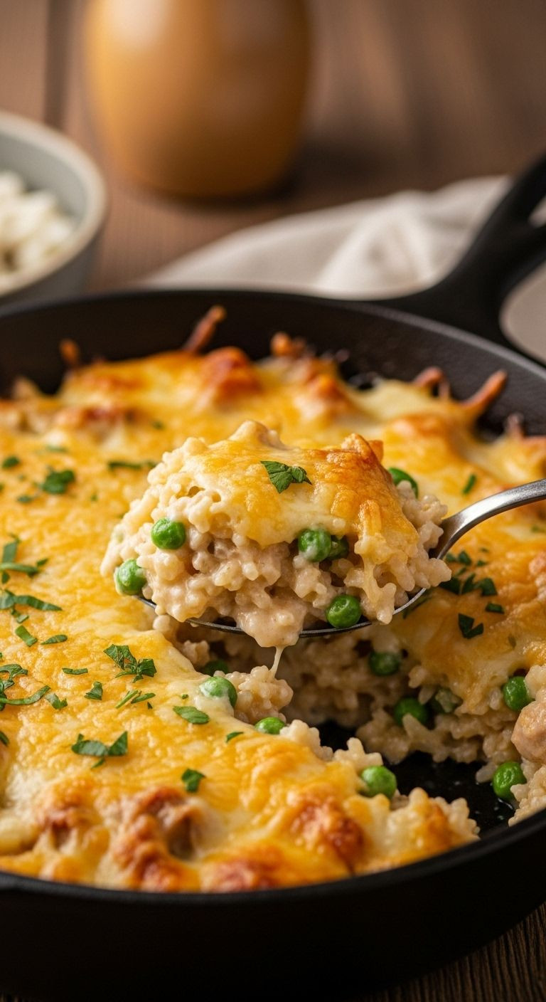 A close-up of a cast-iron skillet with turkey rice casserole, a scoop removed revealing the creamy interior, garnished with fresh parsley.