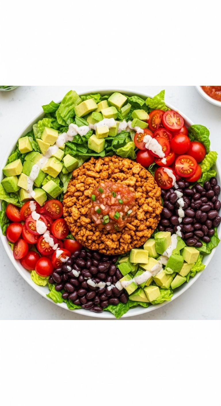 Top-down shot of a large, colorful bowl of ground turkey taco salad with seasoned turkey, avocado, tomatoes, black beans, lettuce, and dressing.
