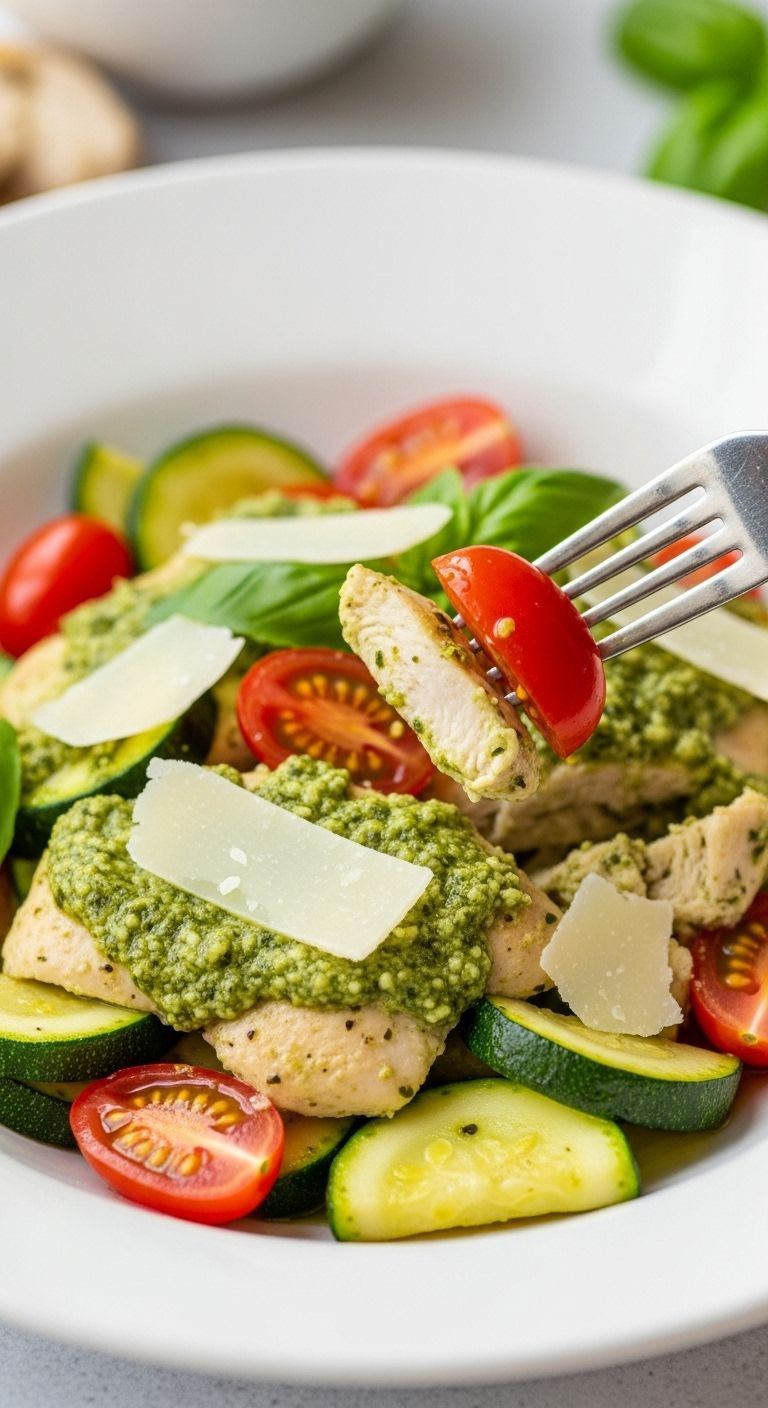 A single-serving of vibrant pesto chicken and vegetables in a white bowl with a fork lifting a bite, topped with Parmesan shavings.