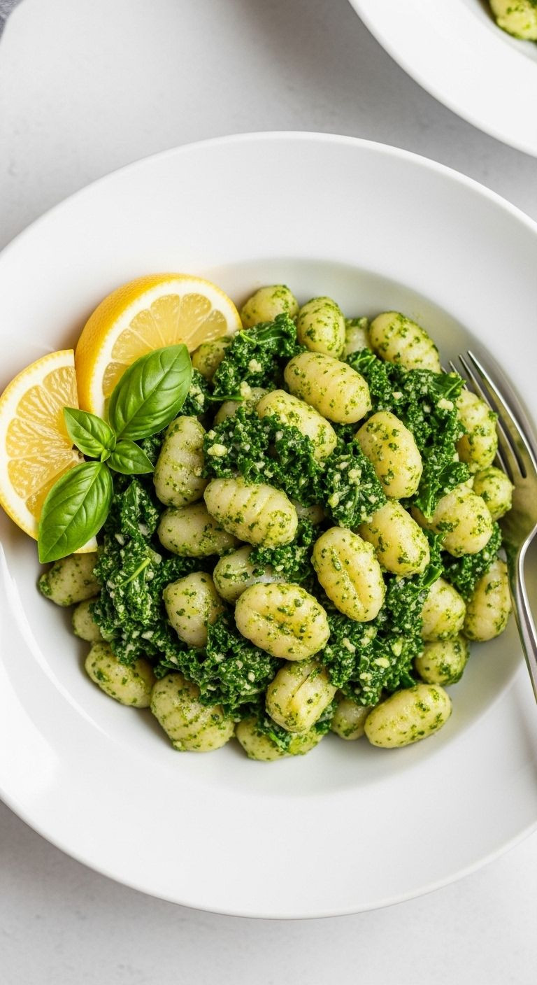 A top-down flat lay of creamy kale pesto gnocchi in a white bowl, garnished with a lemon wedge and basil sprig.