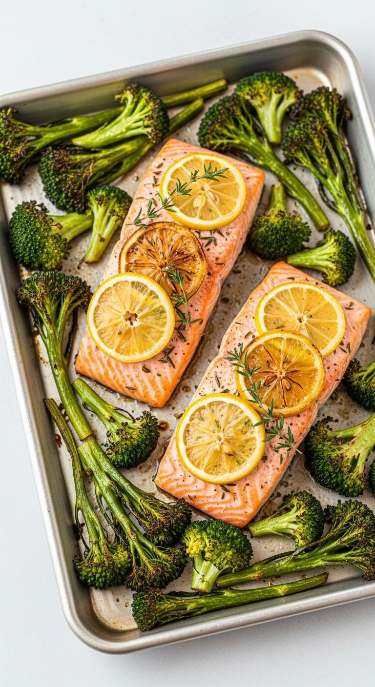 An angled view of a metal sheet pan with two perfectly cooked salmon fillets topped with caramelized lemon slices and roasted broccoli florets.