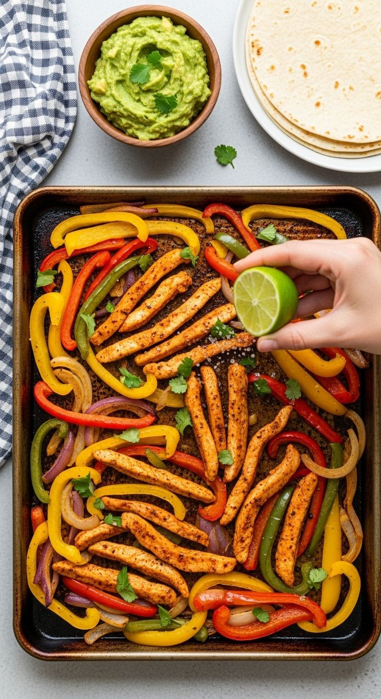 Overhead shot of a sizzling sheet pan with roasted chicken fajita strips, colorful bell peppers, and onions, with a hand squeezing a lime and guacamole and tortillas nearby.