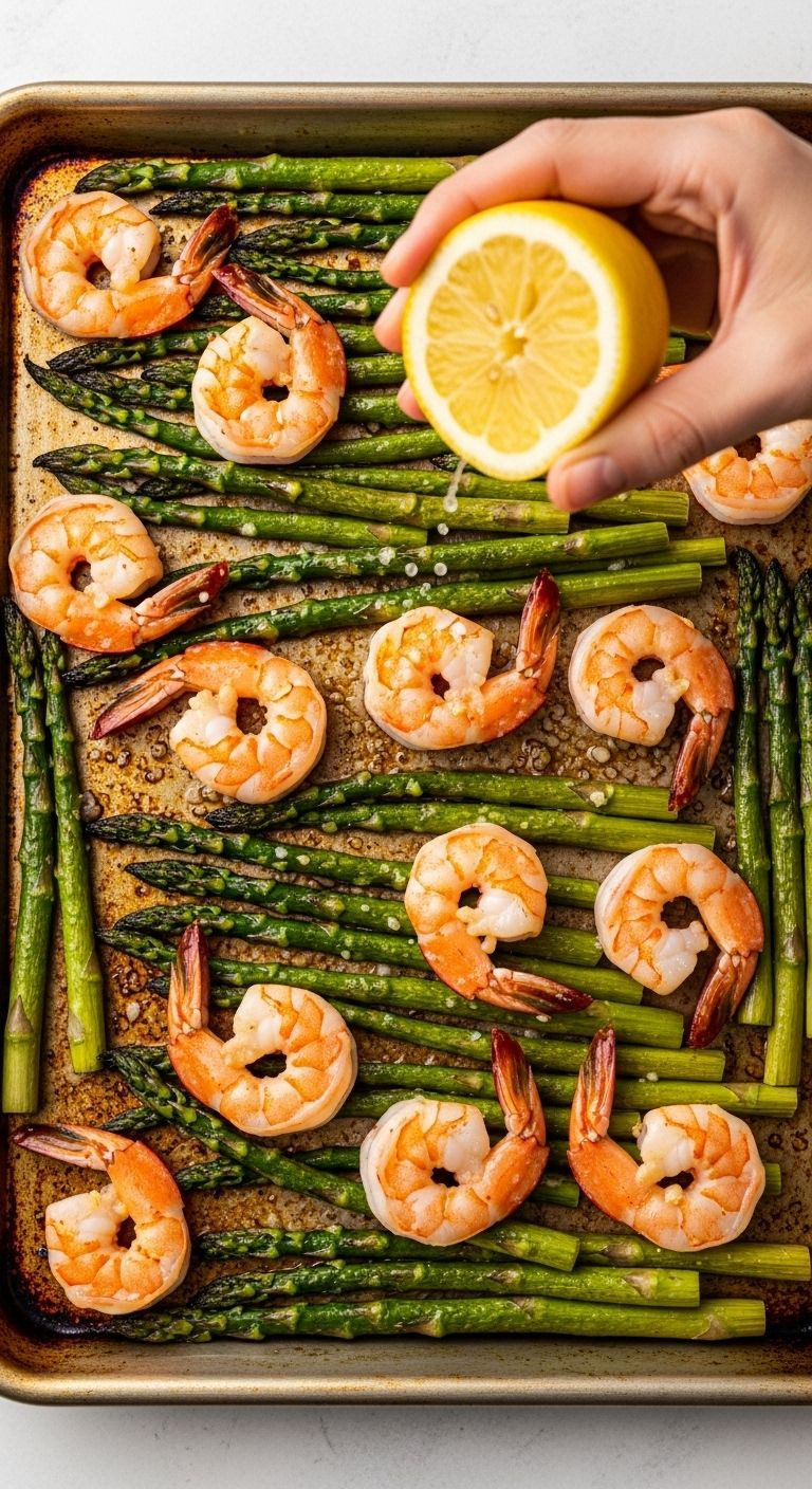 A top-down view of a sheet pan with roasted shrimp and asparagus, glistening with garlic butter, as a hand squeezes a lemon wedge over it.