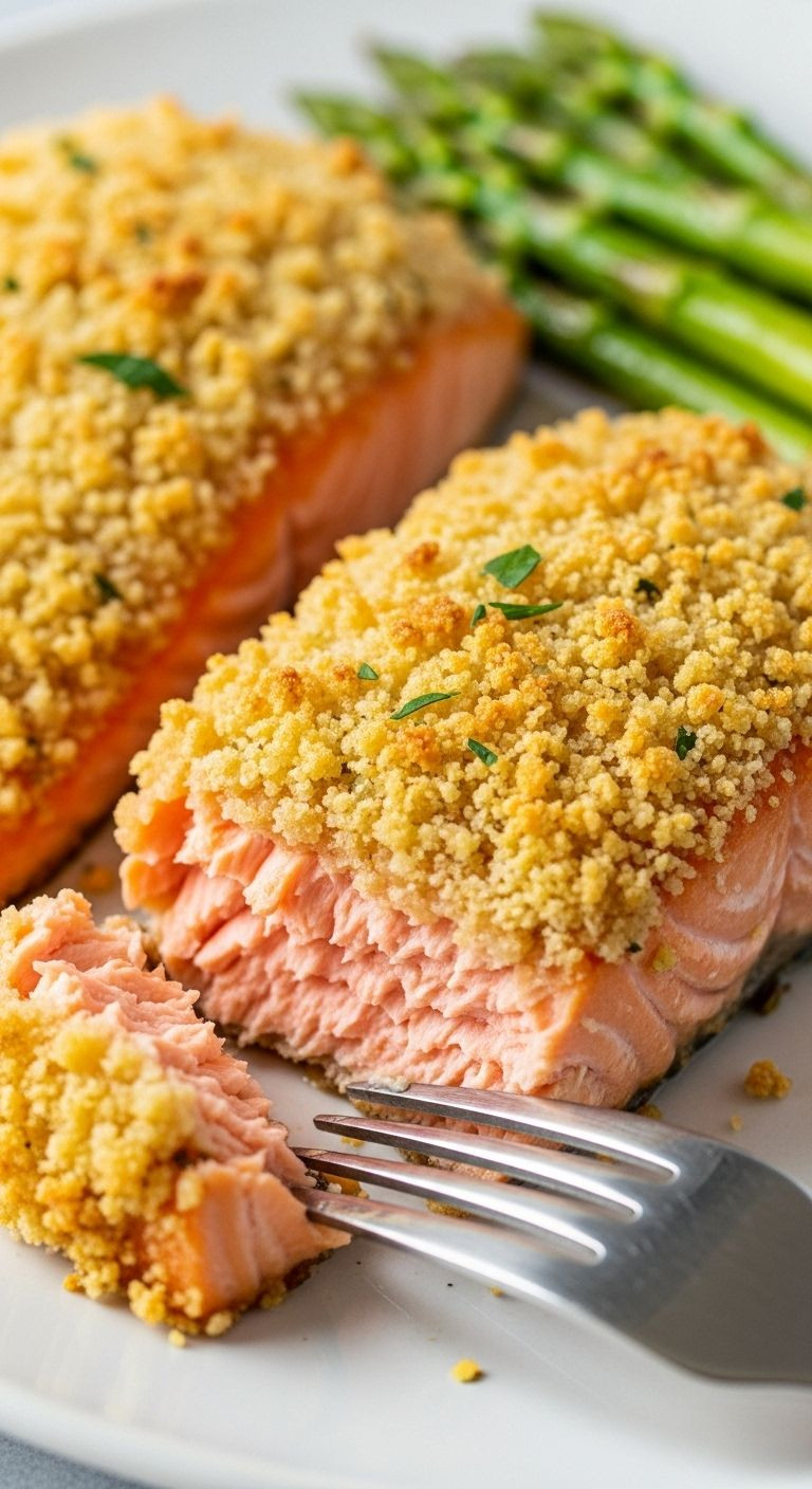 Close-up of two panko-crusted salmon fillets on a plate, one cut open to show the flaky interior, with roasted asparagus on the side.