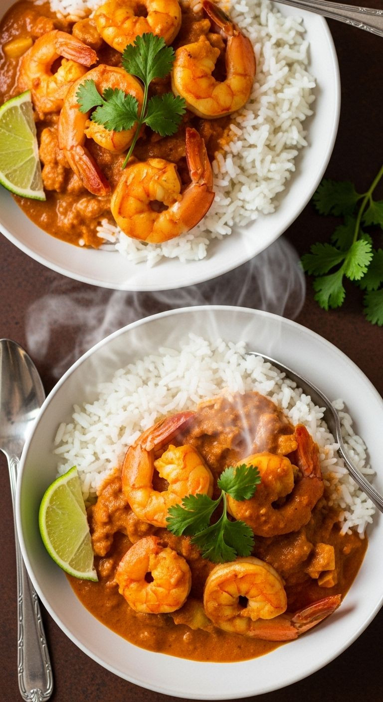 Overhead shot of two steaming bowls of creamy coconut shrimp curry with white rice, garnished with cilantro and a lime wedge.