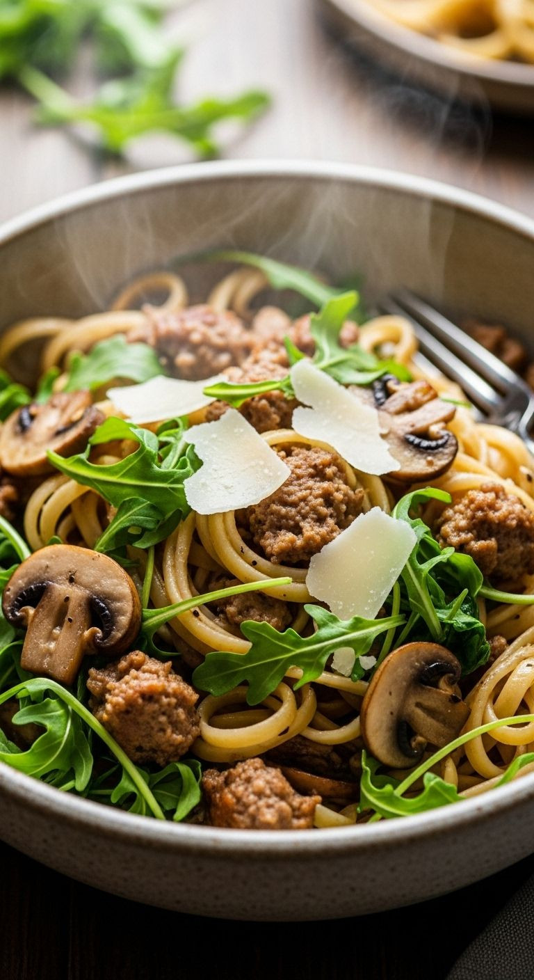 A close-up, angled shot of one-pot pasta with sausage, mushrooms, and arugula in a rustic ceramic bowl, topped with parmesan, with steam rising.
