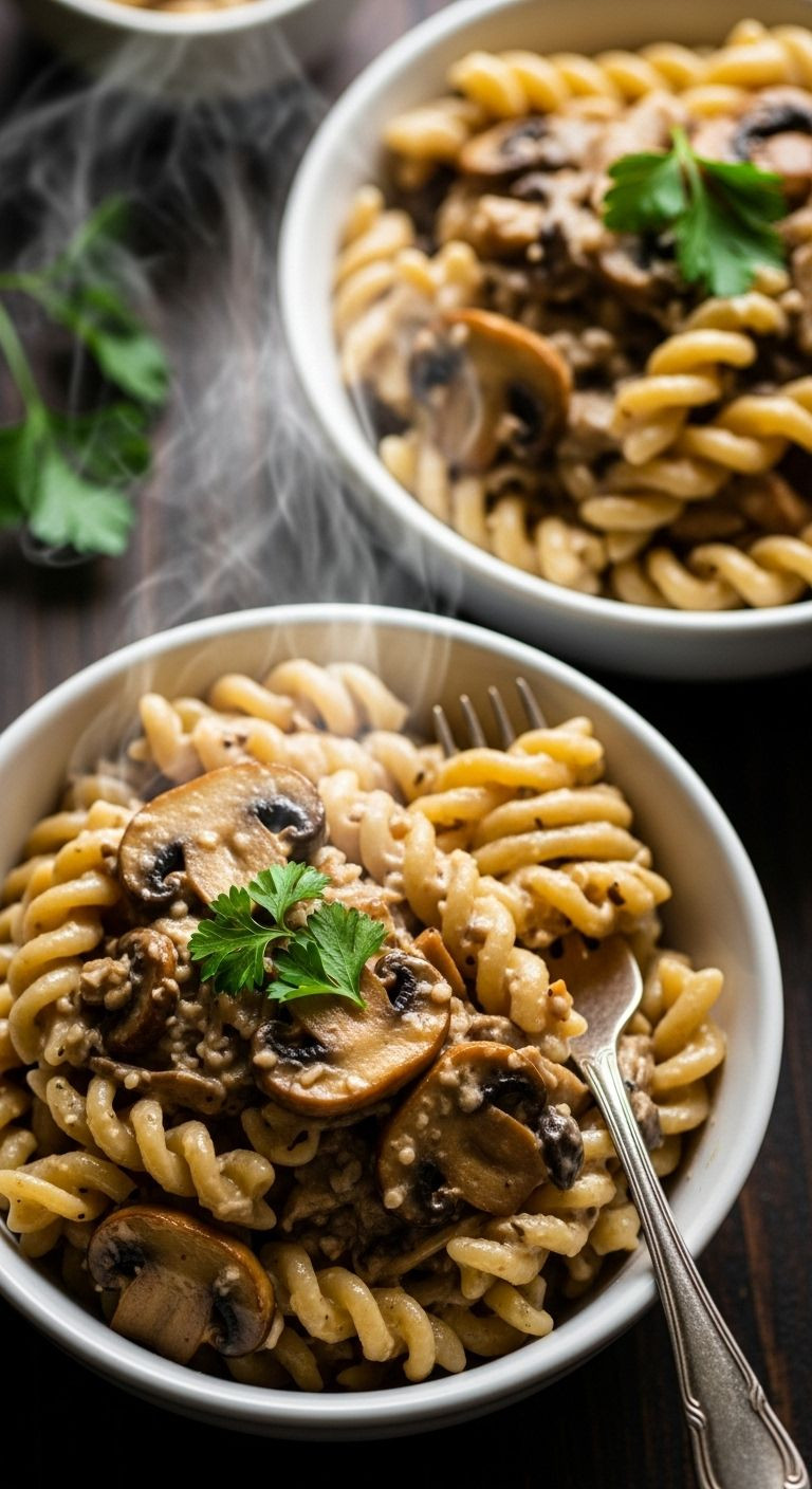 A close-up, slightly overhead shot of two white ceramic bowls filled with steaming creamy miso mushroom pasta, garnished with parsley, on a dark wooden table.