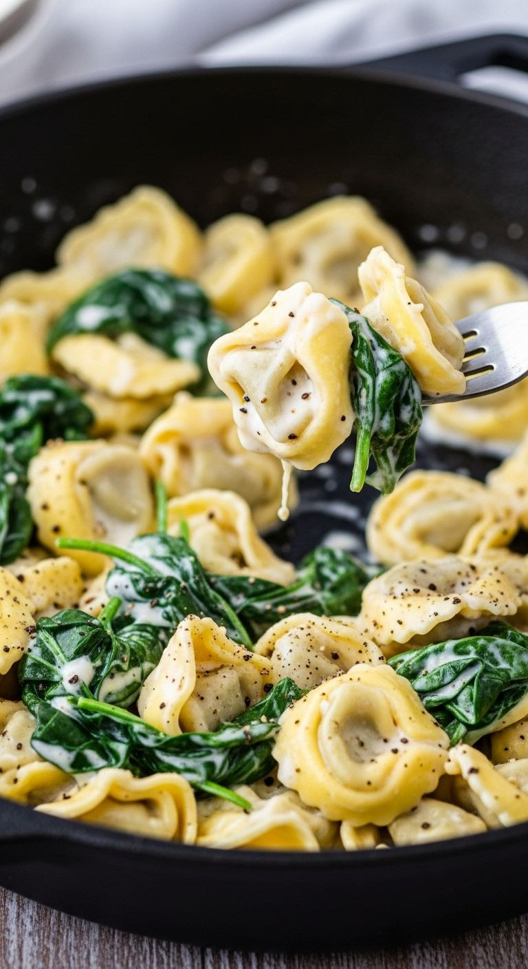 A close-up shot of skillet Cacio e Pepe tortellini with spinach, a fork lifting a few pieces, highlighting the creamy sauce and pepper flecks.